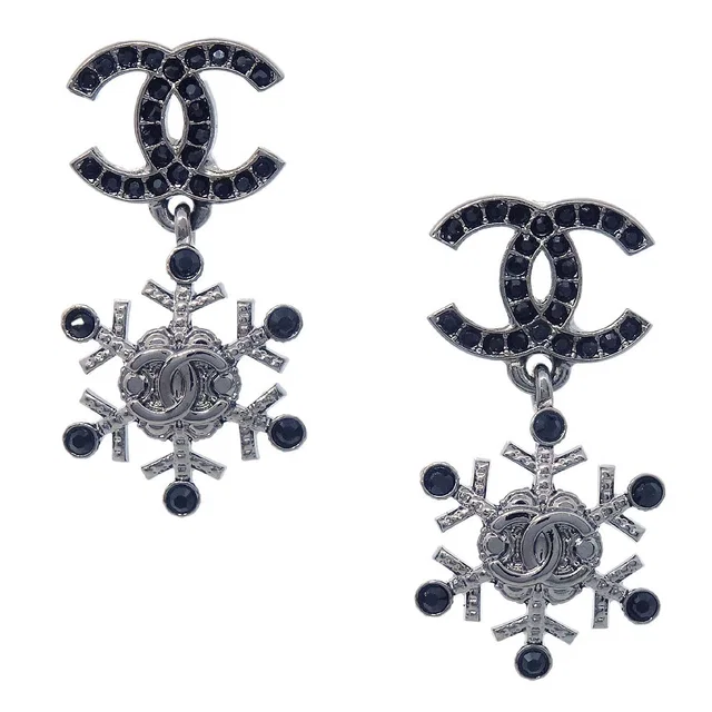 Chanel CC Snowflake Dangle Pierced Earrings Silver Rhinestone A19B in Silver from AMORE Vintage Tokyo