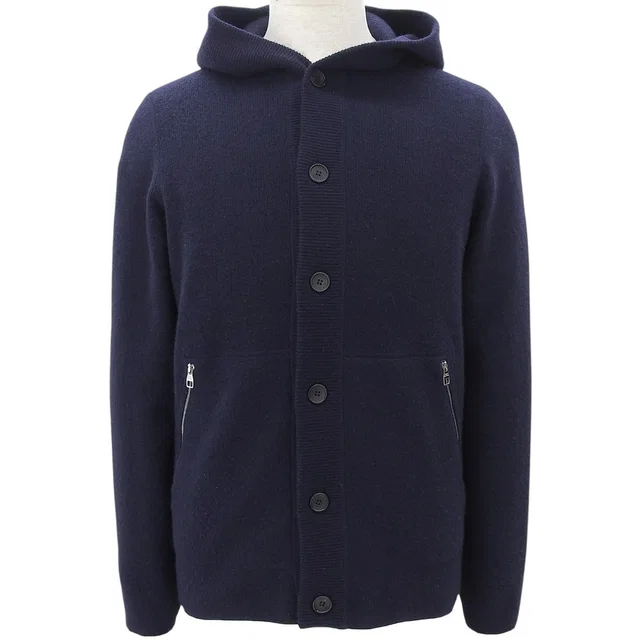 Louis Vuitton Wool Logo Button Elbow Patch Design Hooded Cardigan #XS Navy in Navy Wool from VINTAGE QOO TOKYO