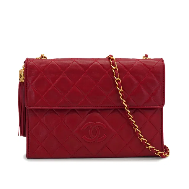 Chanel Vintage Matelasse Fringe Chain Shoulder Bag Red Lamb Skin Gold Hardware in Red from Luxury Promise