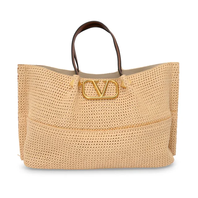 Valentino Garavani & Raffia Medium Rockstud VLogo Tote in Tan Calfskin from Blue Spinach