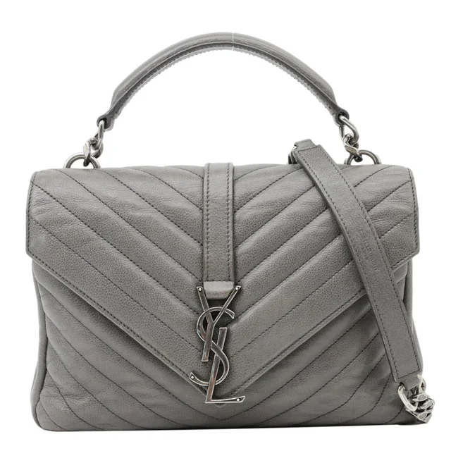 Saint Laurent Monogram College Matelasse Chevron Leather Chain Shoulder Bag Grey in Grey Leather from Dallas Designer Handbags