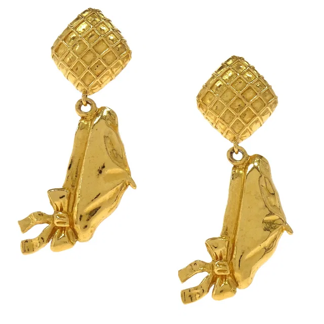 Chanel Gold Rhombus Beret Dangle Clip-On Earrings in Gold from AMORE Vintage Tokyo