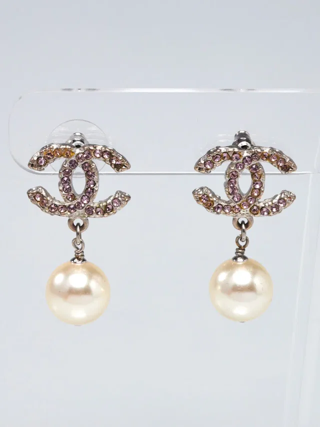 Chanel Silvertone Metal Faux Pearl and Pink Crystal CC Logo Drop Earrings in Pink from Yoogis
