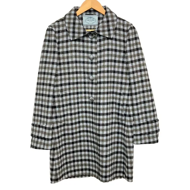 Prada Coat S Light Blue Black Long Sleeve Plaid Pattern in Black from The Reluxe