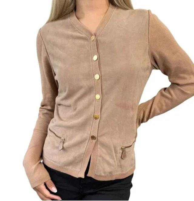 Hermès Vintage Sellier Button Cardigan #M Light Brown Gold Cotton Nubuck in Brown Suede from Luxury Promise