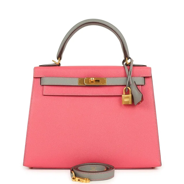 Hermès Special Order (HSS) Kelly Sellier 28 Rose Azalee, Gris Mouette Epsom Brushed Gold Hardware in Pink Epsom leather from Madison Avenue Couture