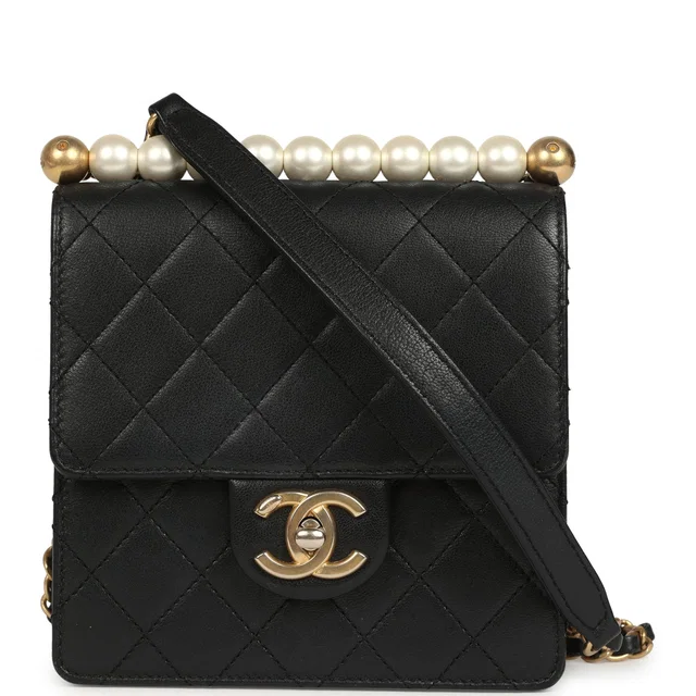 Chanel Chic Pearls Flap Bag Black Calfskin Brushed Gold Hardware in Black Calfskin from Madison Avenue Couture