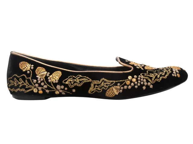 Black & Gold Alexander McQueen Embroidered Velvet Flats Size 39 in Black Velvet from Designer Revival