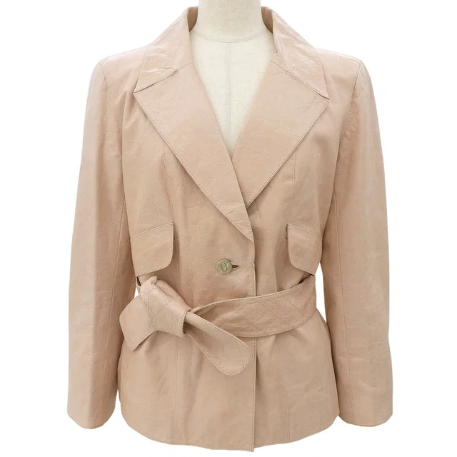 Chanel 2006 Real Leather CC Mark Button Jacket #40 Pink Beige in Beige Leather from VINTAGE QOO TOKYO