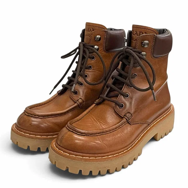 Prada Logo Embossed Lace-up Leather Ankle Boots Short Brown IT in Brown Leather from The Reluxe