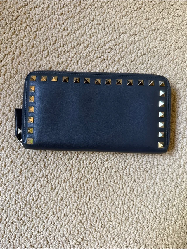 Valentino Garavani Grey Leather Zip-Around Wallet With Gold Rockstuds in gold|gray Leather from Poshmark
