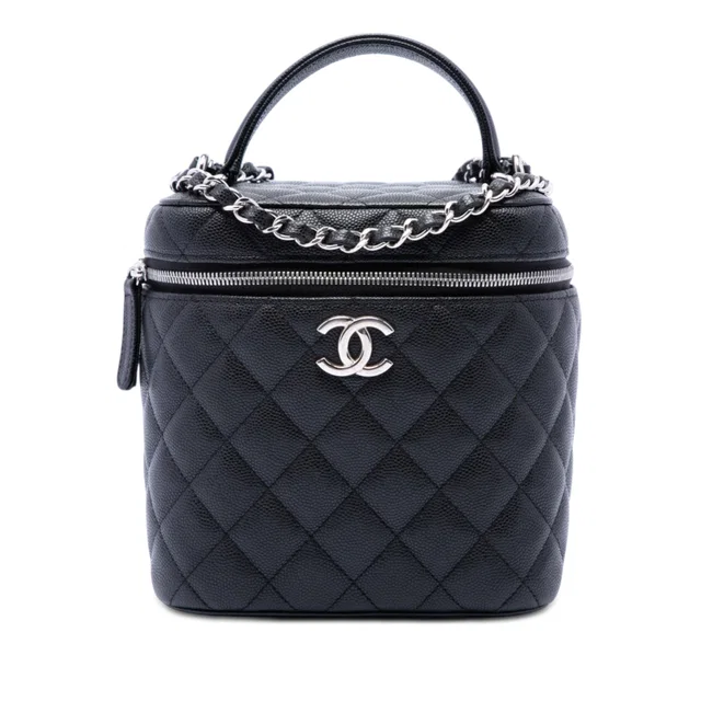 Black Chanel CC Quilted Caviar Top Handle Vanity with Chain Satchel in Black Caviar leather from Designer Revival