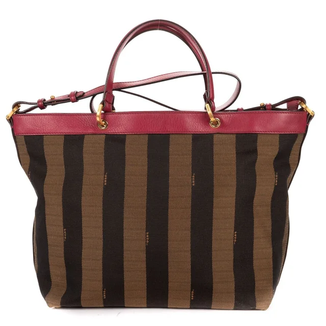 Fendi Medium Pequin Zip Tote Bag Brown Calfskin With Striped Canvas in Brown Calfskin from The Reluxe