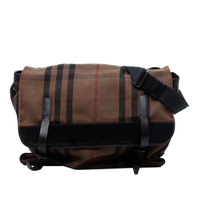 Brown Burberry House Check Canvas Flap Crossbody in Brown Canvas from Designer Revival