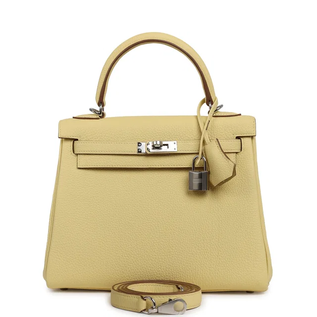 Hermès Kelly Retourne 25 Jaune Poussin Togo Palladium Hardware in Yellow Togo leather from Madison Avenue Couture