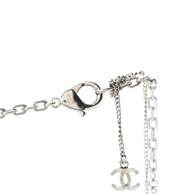 Chanel Graduated Pearl Crystal CC Long Necklace Silver in Silver from FASHIONPHILE, photo 4 of 5