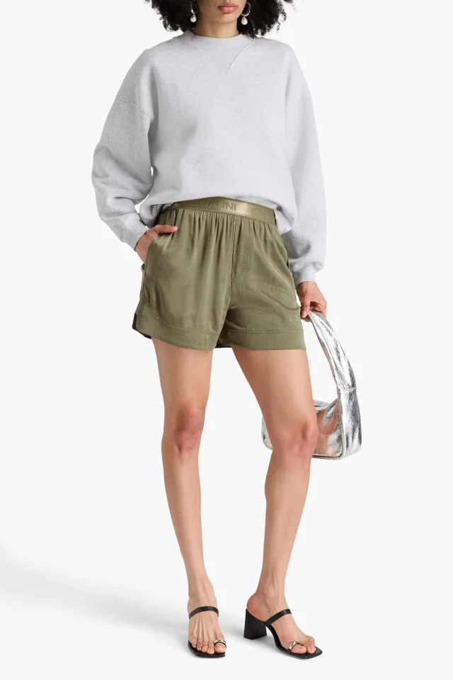 Ganni Cupro-blend shorts in Green, photo 2 of 4 from THE OUTNET