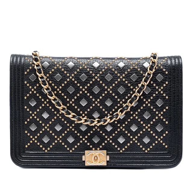 Black Chanel Studded Grained Calfskin Boy Wallet On Chain Crossbody Bag in Black Caviar leather from Designer Revival