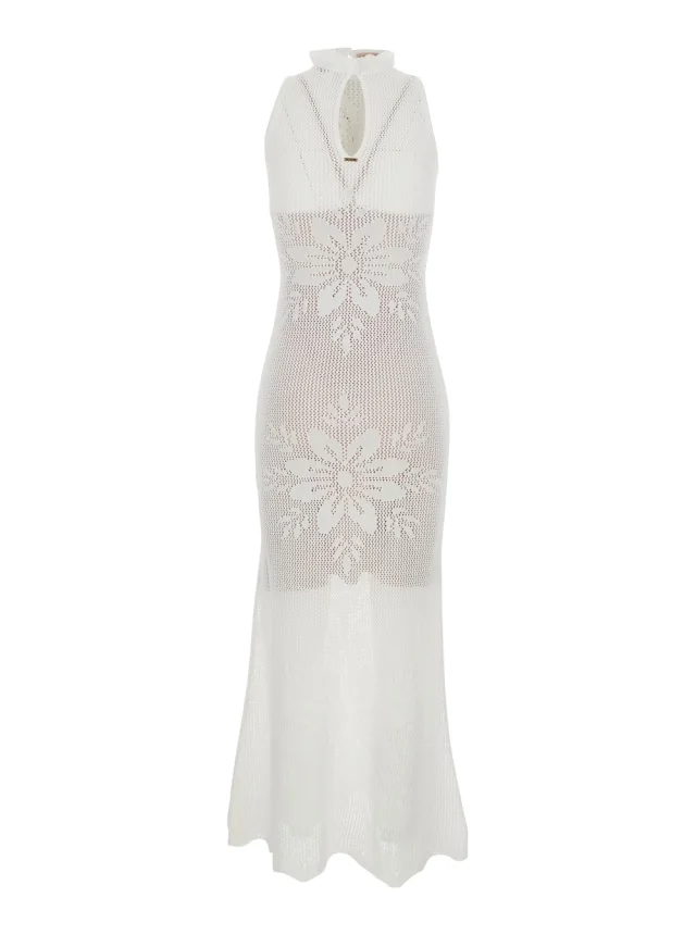 Twinset White Sleeveless Crew Neck Long Dress with Keyhole Closure on the Back and All-Over Floral Embroidery in VIscose Blend for Women in White 65% Viscose 35% Polyamide, photo 3 of 6 from Gaudenzi Boutique
