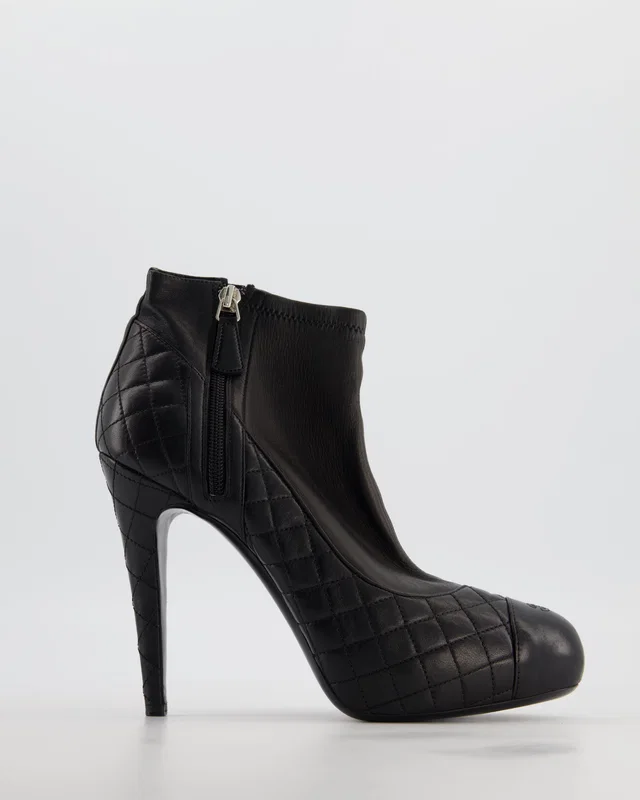 Chanel Quilted Black Lambskin Leather Heeled Ankle Boots Size EU 42 in Black Lambskin from Sellier