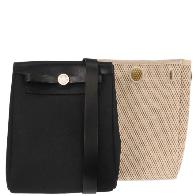 Hermès Black Natural Toile Officier GM Herbag TPM 2 in 1 Shoulder Bag in Black Leather from AMORE Vintage Tokyo