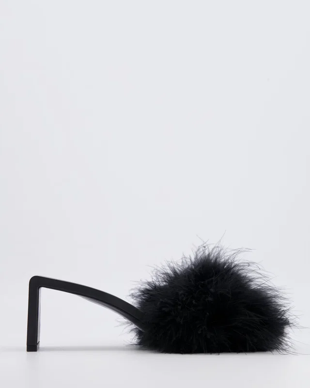 Balenciaga Black Mono Feather Embellished Heeled Mules with Logo Detail Size EU 37 in Black from Sellier