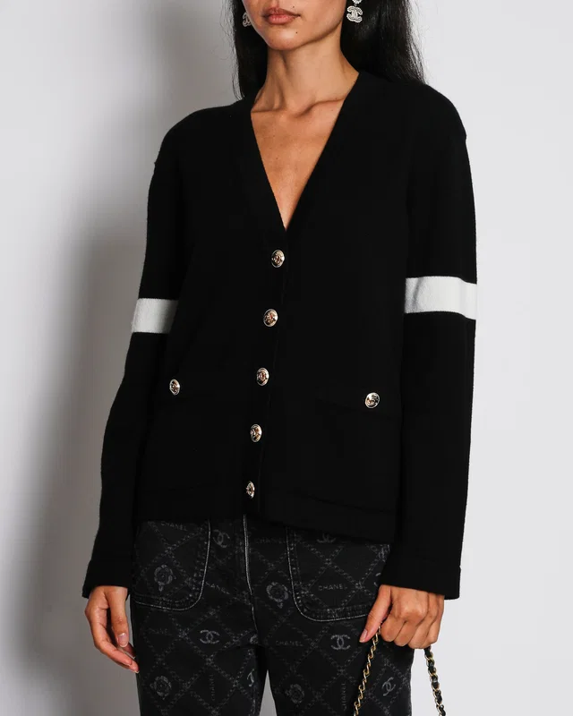 Chanel 20/K Black Button Down Cardigan with White Trim and CC Button Detail Size FR 38 (UK 10) in Black Cashmere from Sellier