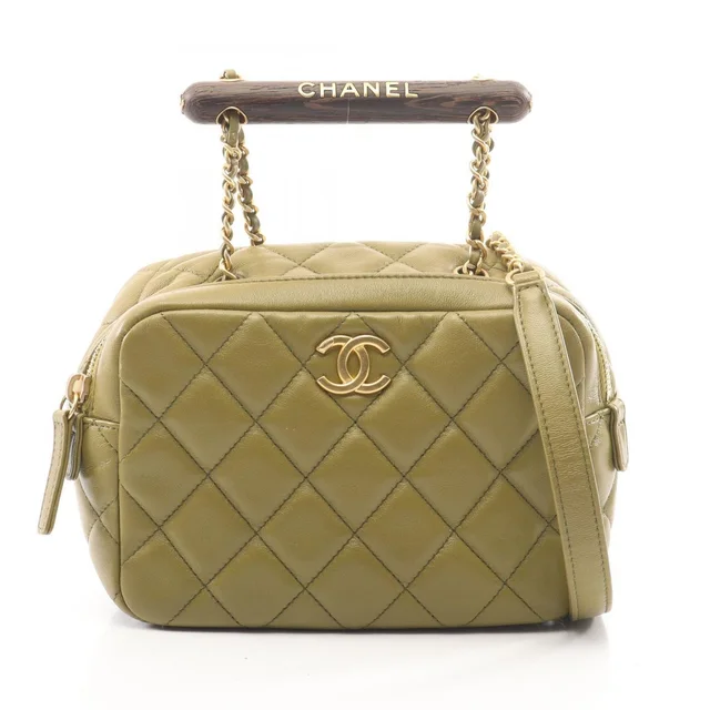 Chanel Shoulder Bag Quilted Mini Bow 2-Way Khaki Lambskin Wood Handle in Green Lambskin from The Reluxe