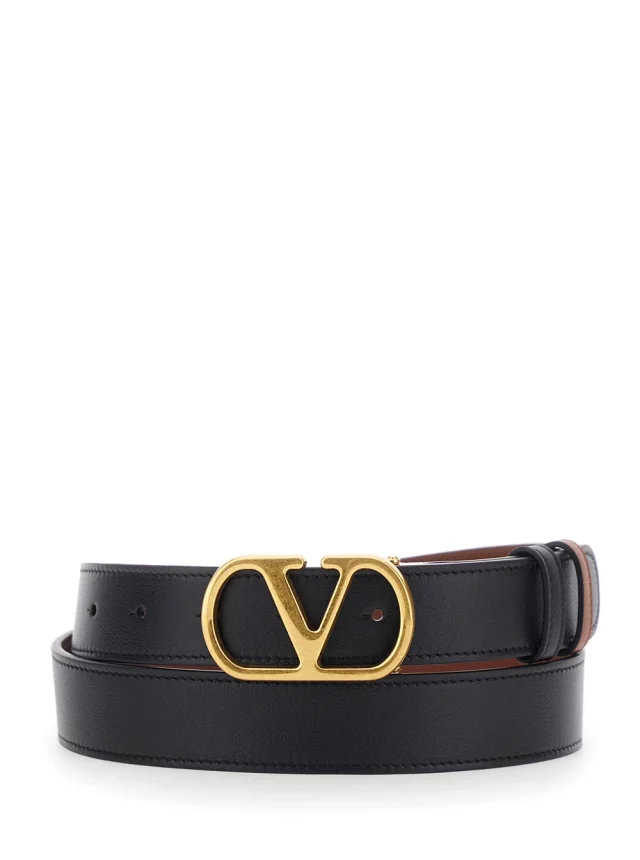 Black Reversible Belt with VLogo Buckle on the Front in Leather Man in Black, image 1 of 1 from Gaudenzi Boutique