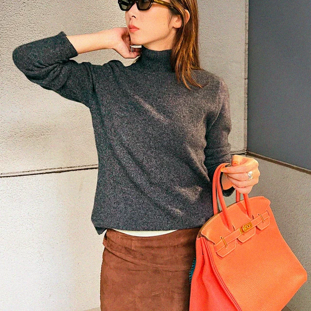 Saint Laurent Logo Embroidered High Neck Sweater #M Gray in Grey Cashmere from VINTAGE QOO TOKYO