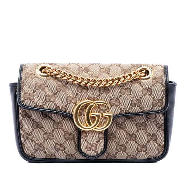 Black Gucci Small GG Marmont Matelasse Diagonal GG Canvas and Leather Shoulder Bag in Black Canvas from Designer Revival