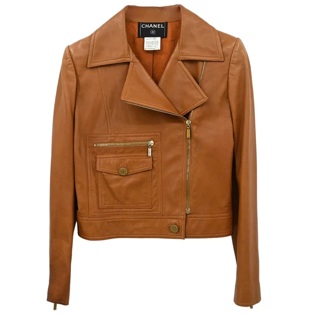 Chanel 2001 Biker Zip Up Jacket Brown #40 in Brown Lambskin from AMORE Vintage Tokyo