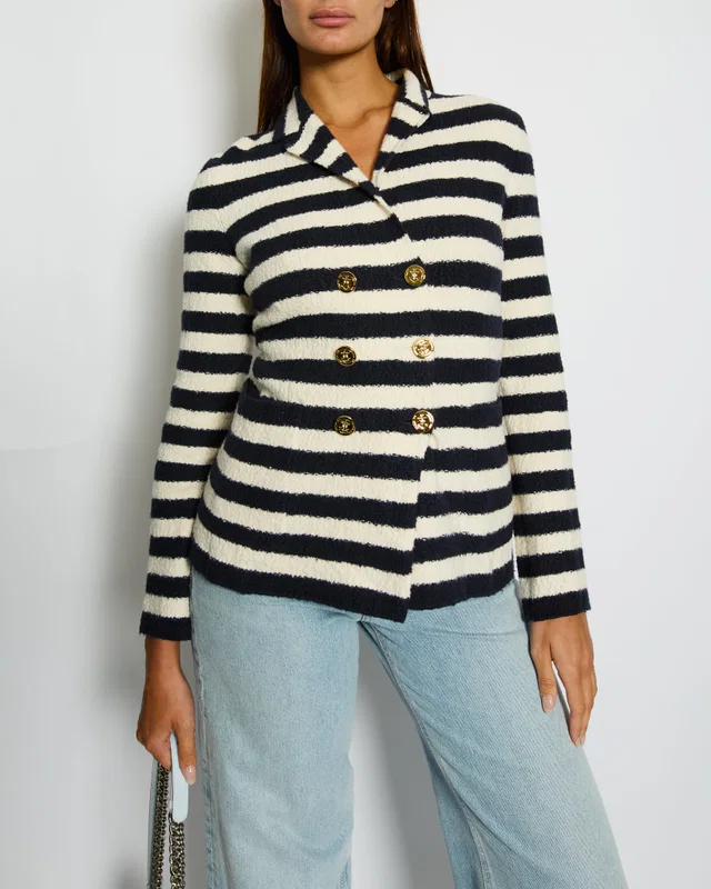 Dior Navy and White Striped Knit Jacket with Gold Anchor Button Details Size FR 38 (UK 10) in White from Sellier