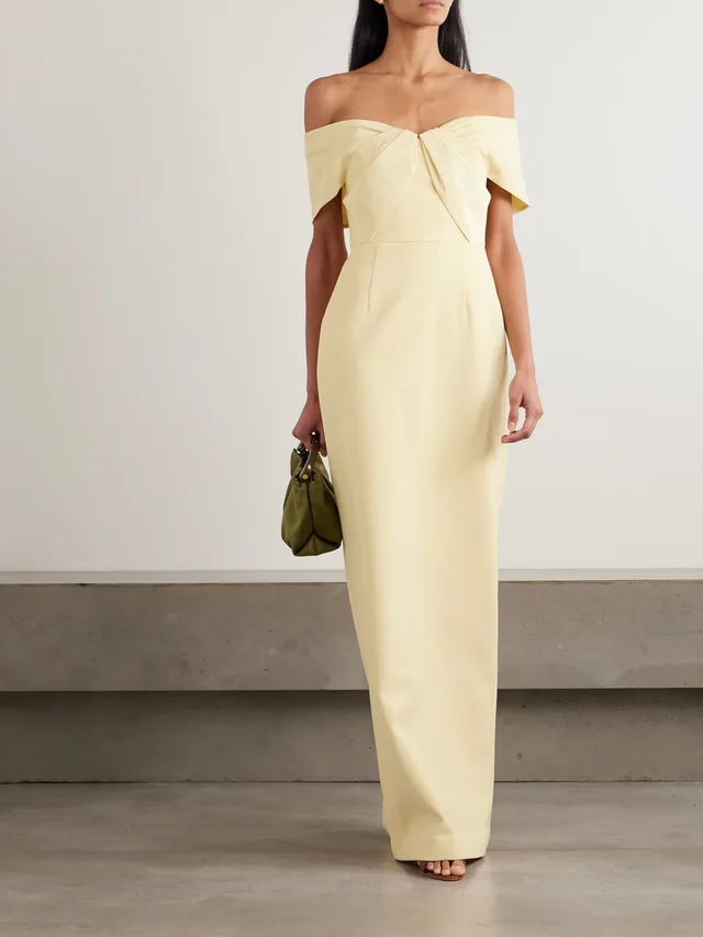 REBECCA VALLANCE Aubriella off-the-shoulder satin-trimmed crepe gown in Yellow, photo 2 of 2 from NET-A-PORTER (Canada)