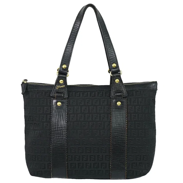 Fendi Zucchino Shoulder Bag Tote Canvas Black in Black Canvas from The Reluxe