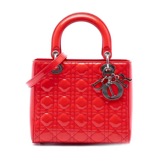 Red Dior Medium Patent Cannage Lady Dior Satchel in Red Patent leather from Designer Revival