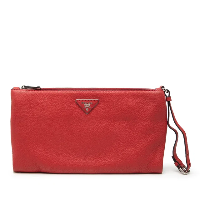 Red Prada Vitello Daino Clutch in Red Leather from Designer Revival