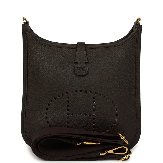 Hermès Evelyne 23 Ebene Clemence Gold Hardware in Brown Clemence leather from Madison Avenue Couture