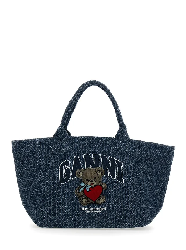 GANNI 'Trapeze Medium' blue Shopper with logo lettering and print on the front in cotton women in Blue 100% Cotton, photo 2 of 10 from Gaudenzi Boutique