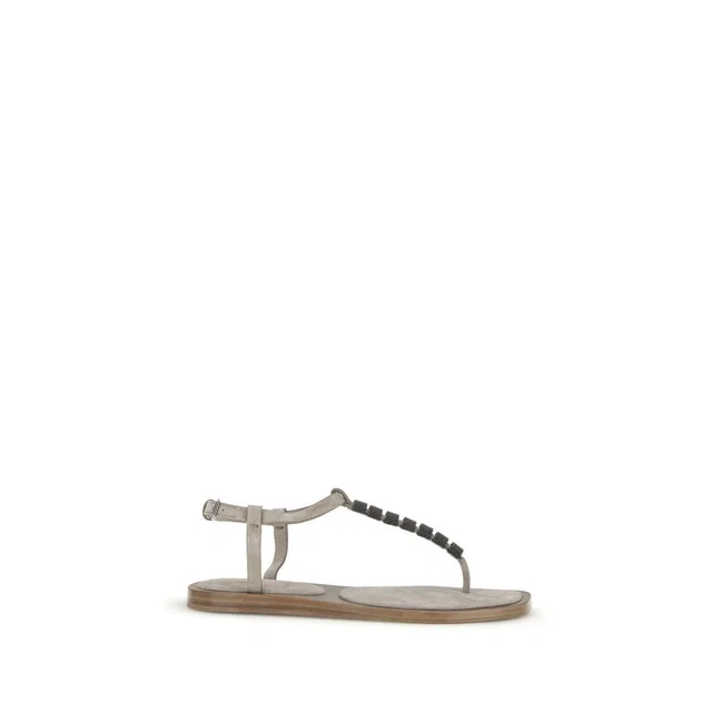 Brunello Cucinelli Beige Calf Leather Bos Taurus Flat Sandals in Beige Calfskin from HEWI