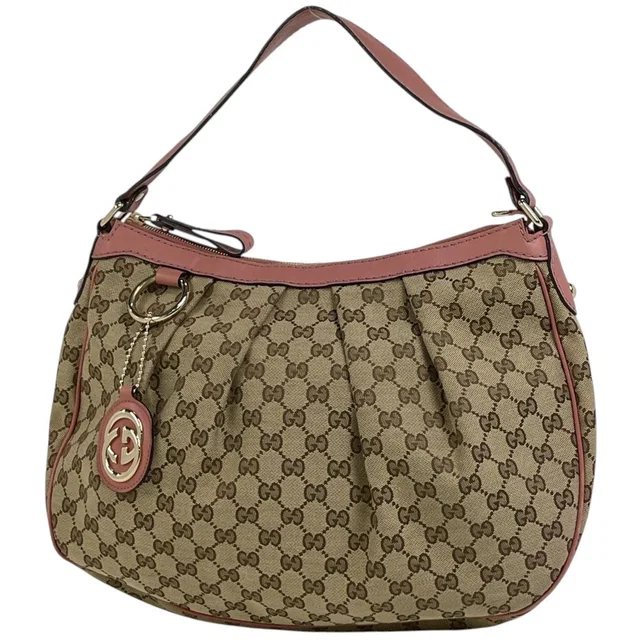 Gucci GG Pattern Ski Shoulder Bag Canvas Beige Pink in Beige Canvas from The Reluxe