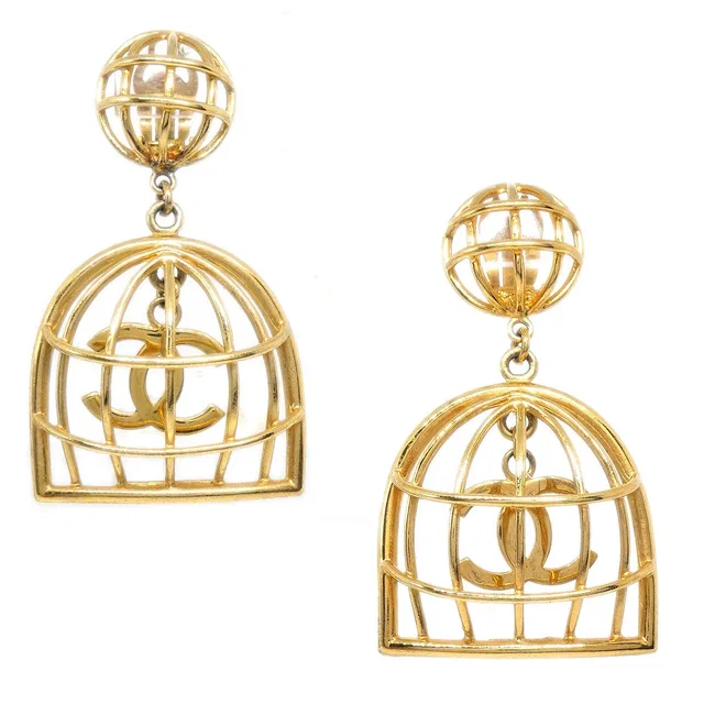 Chanel Birdcage Dangle Earrings Gold 93P in Gold from AMORE Vintage Tokyo