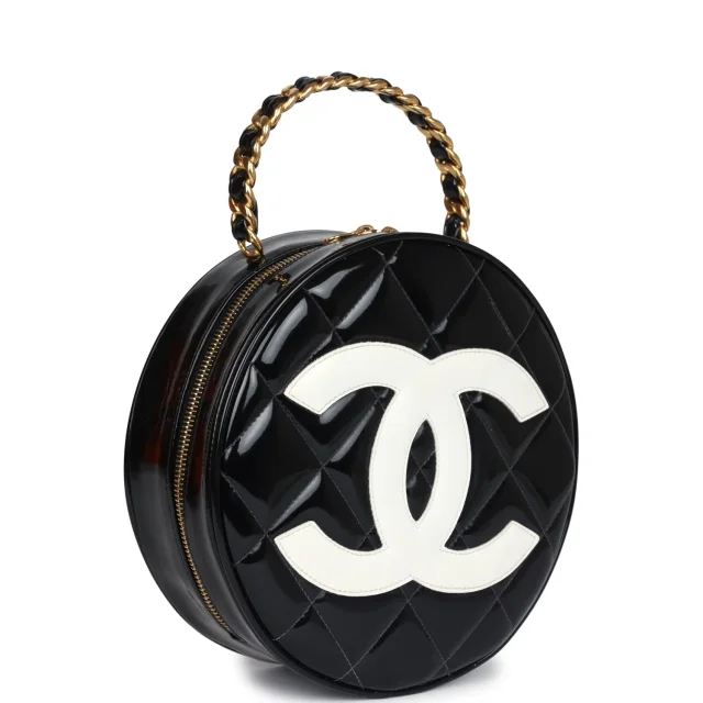 Chanel Vintage Round Vanity Bag Black, White Patent Leather Antique Gold Hardware in Black Patent leather from Madison Avenue Couture, photo 2 of 9