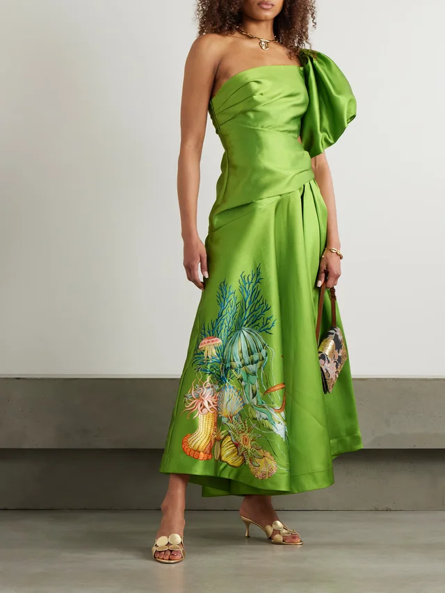 ALÉMAIS + Sam Pauletto Aquatica one-shoulder gathered printed recycled satin-twill dress in Green, photo 2 of 2 from NET-A-PORTER (Canada)