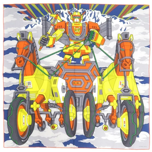Hermès Carre 100 Mega Chariot 02 Silk Cashmere Blue Scarf in Blue Silk from The Reluxe