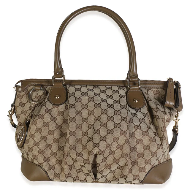Gucci Cream Taupe Beige GG Canvas Medium Sukey Satchel in Taupe Canvas from myGemma