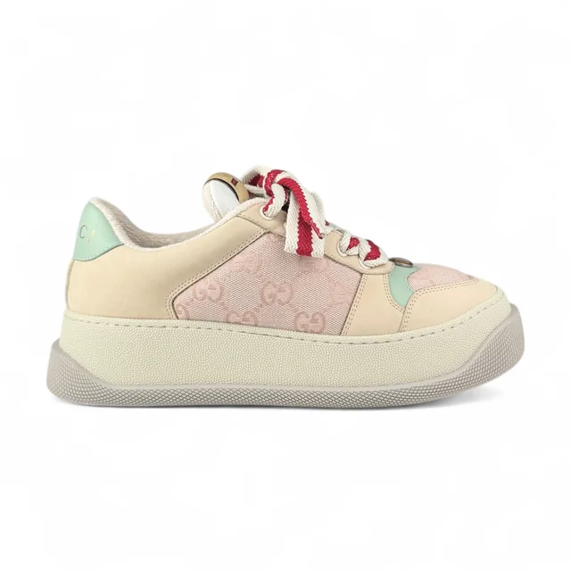 Gucci Pink & Beige Padded Canvas & Leather Screener Sneakers in Beige Canvas Leather Rubber from Designer Archives
