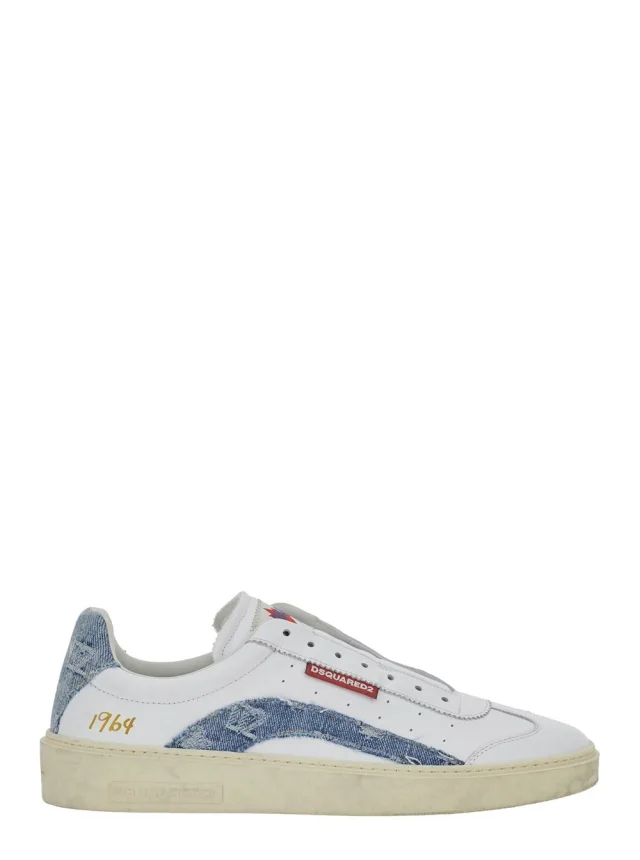 Low Top Sneaker 'DSQUARED2' with Denim Inserts and Worn Leather Design for Men in White, image 1 of 1 from Gaudenzi Boutique