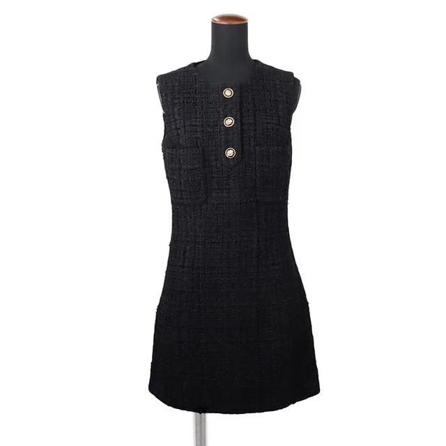 Chanel Tweed Sleeveless Dress Size 36 BlackP71094 V62492 Cotton 35% in Tweed from GALLERY RARE