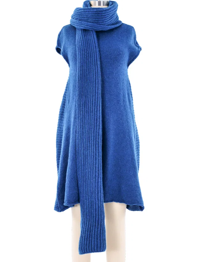 Balenciaga Teal Knit Sweater Dress With Scarf in Blue Wool from Arcade Vintage